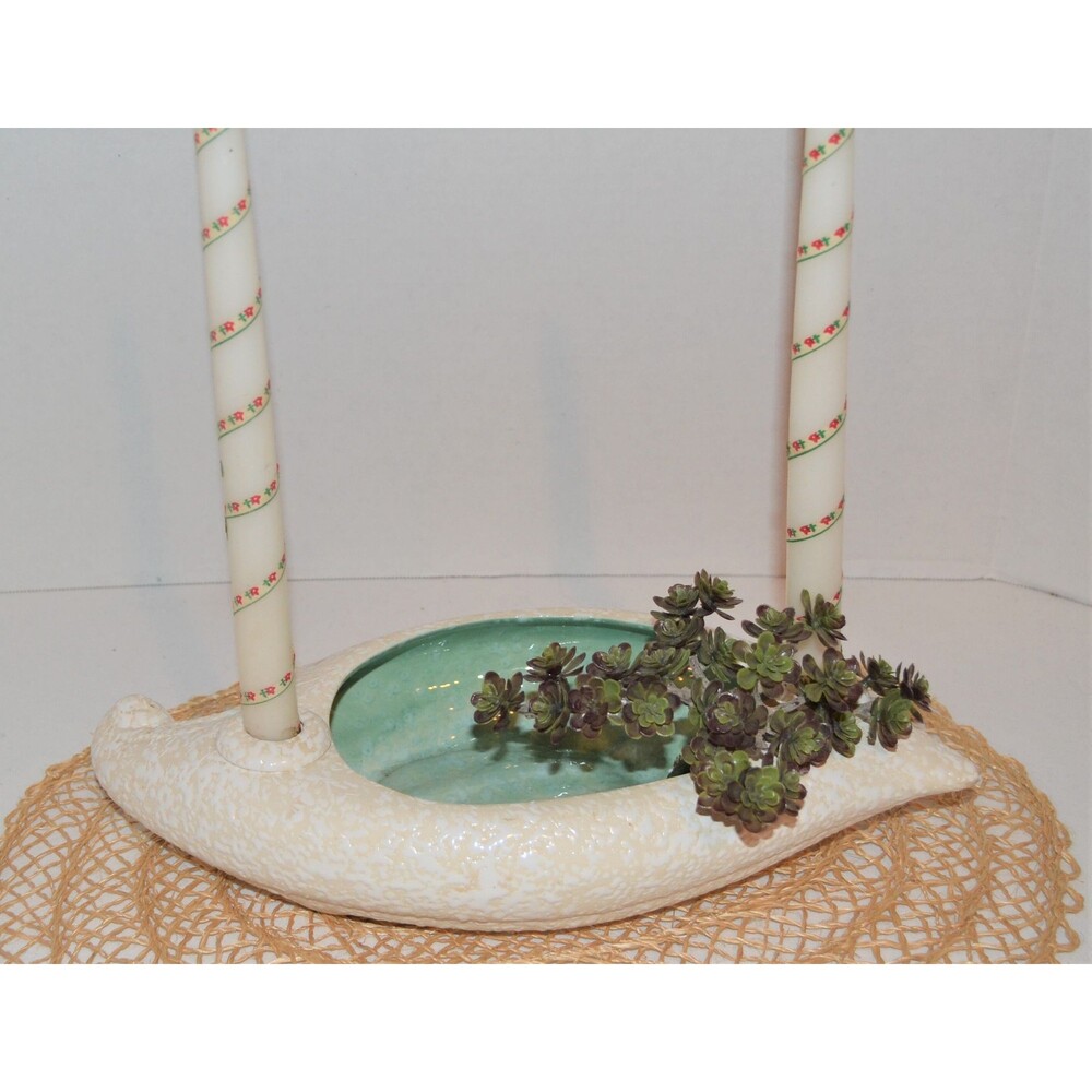 Vintage Candle with  Plant Holder Mid Century White on Bisque